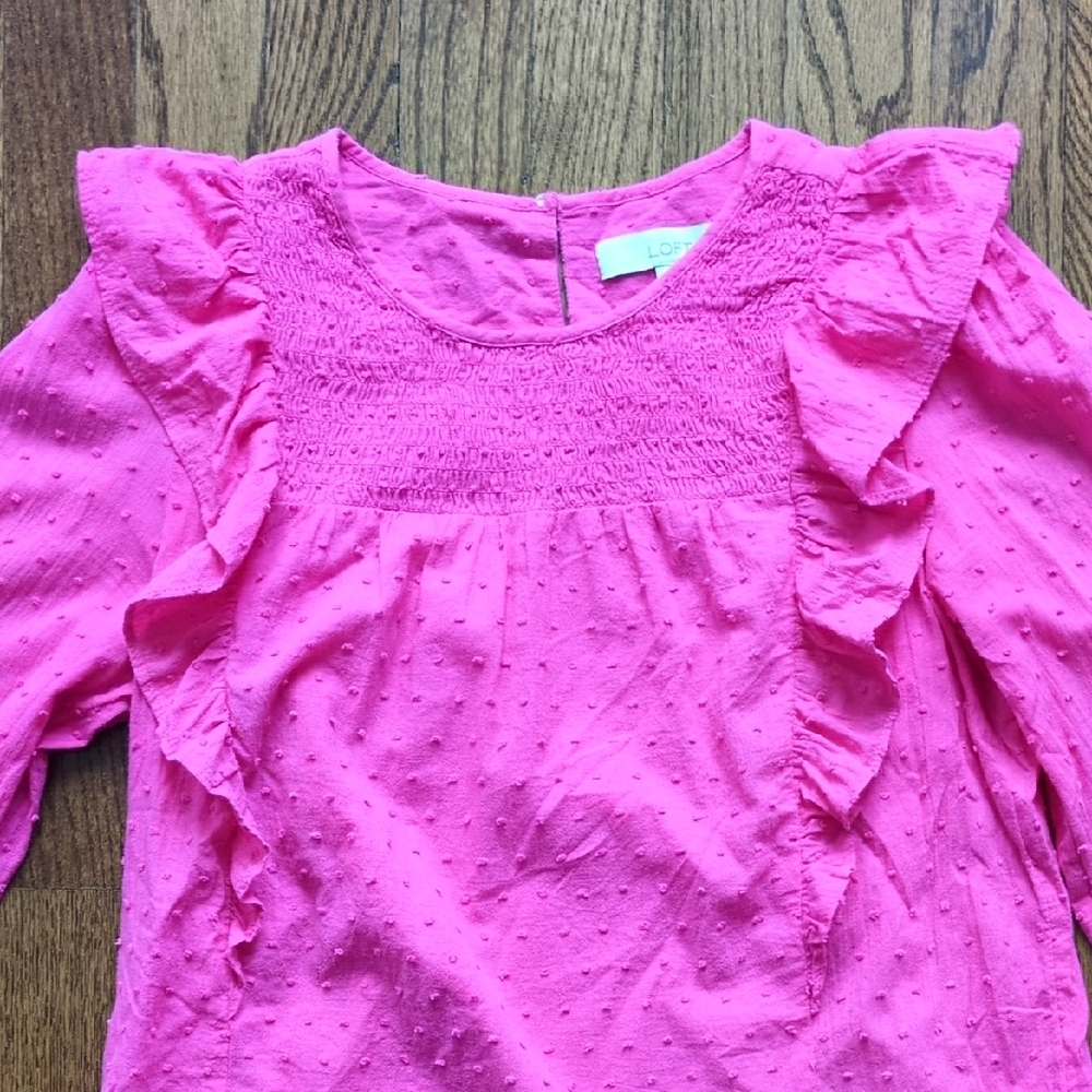 LOFT Vibrant Pink Clip Dot Ruffle Blouse